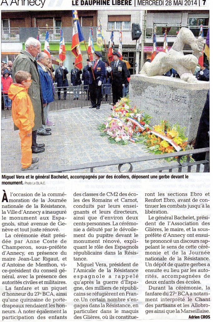 Inauguration du Monument aux Espagnols rénové le 27/05/2014 à Annecy (Haute-Savoie).